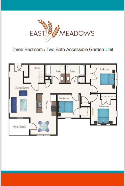 Floor plan for 3 beds, 2 baths, 1349 sqft